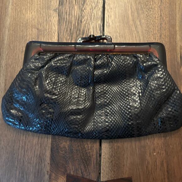 Vintage Retro Black Snakeskin & Leather Clutch Purse With Brown Lucite Frame - Picture 1 of 5